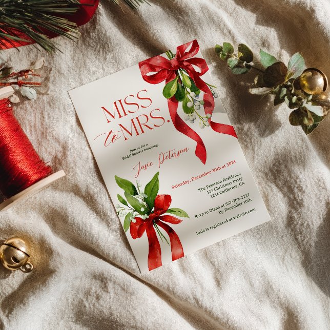 Christmas Mistletoe Red Bow Miss to Mrs Bridal Einladung (Christmas Mistletoe Red Bow Miss to Mrs Bridal Invitation)