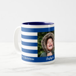 Christmas Modern Blue Stripe Marine Foto Zweifarbige Tasse