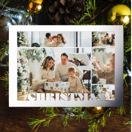 Christmas Modern Letters Five Photos Family Silver Folien Feiertagskarte