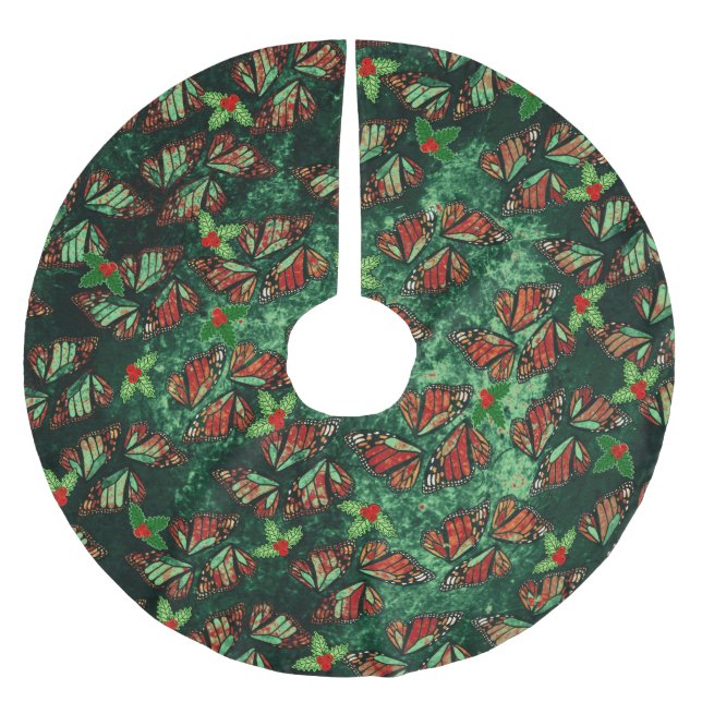 Christmas Monarch Butterfly Wings and Holly Berry Polyester Weihnachtsbaumdecke (Vorderseite)