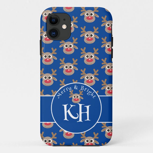Christmas Monogram Blue Niedlich Rentier Pattern Case-Mate iPhone Hülle (Rückseite)