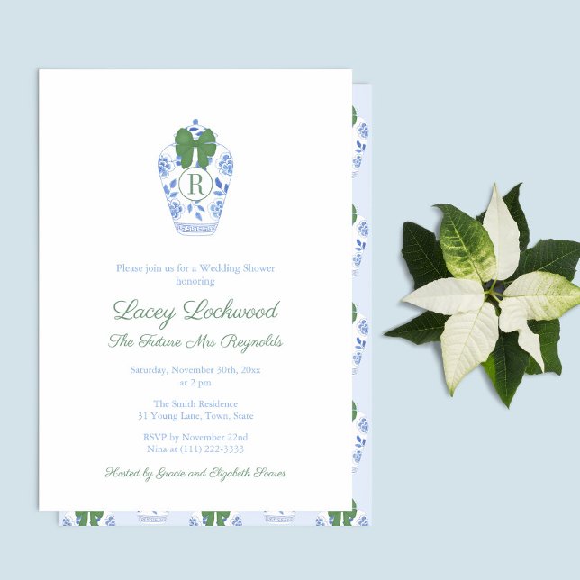 Christmas Monogram Future Mrs. Polterabend Einladung (Blue And White Ginger Jar With Green Bow Future Mrs Holidays  Bridal Shower Party Invitation)