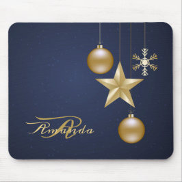 Christmas Monogram Golden Ornaments Navy Blue Mousepad
