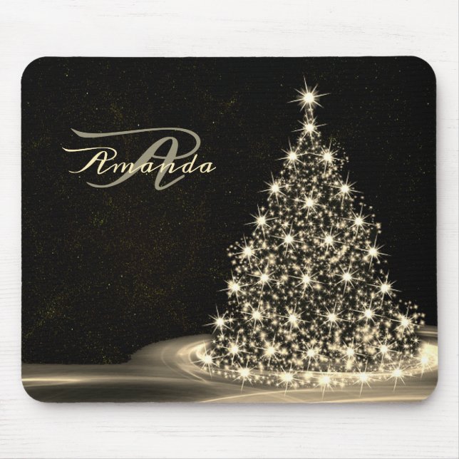 Christmas Monogram Golden Shiny Tree Winter Black Mousepad (Vorne)