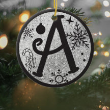 Christmas Monogram Letter A Black Silver Glitzer