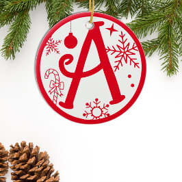 Christmas Monogram Letter A Red White Keramik Ornament