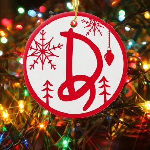 Christmas Monogram Letter D Red White Keramik Ornament