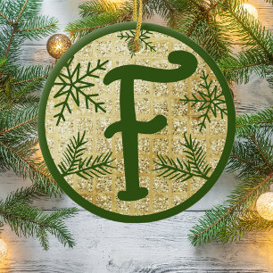 Christmas Monogram Letter F Green Gold Glitzer Keramik Ornament