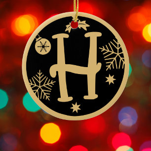 Christmas Monogram Letter H Gold Black Keramik Ornament