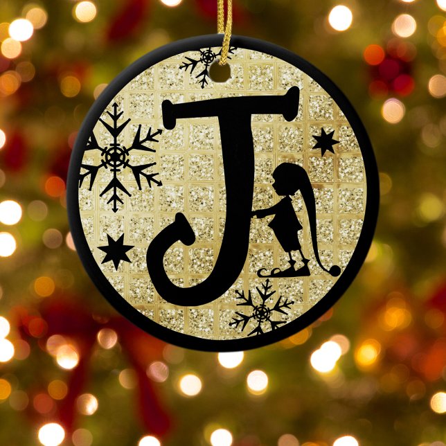 Christmas Monogram Letter J Black Gold Glitter Keramik Ornament (Von Creator hochgeladen)
