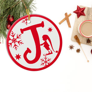 Christmas Monogram Letter J Red White Keramik Ornament