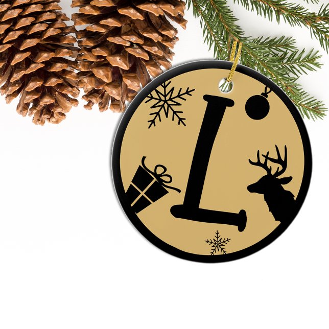 Christmas Monogram Letter L Black Gold Keramik Ornament (Von Creator hochgeladen)