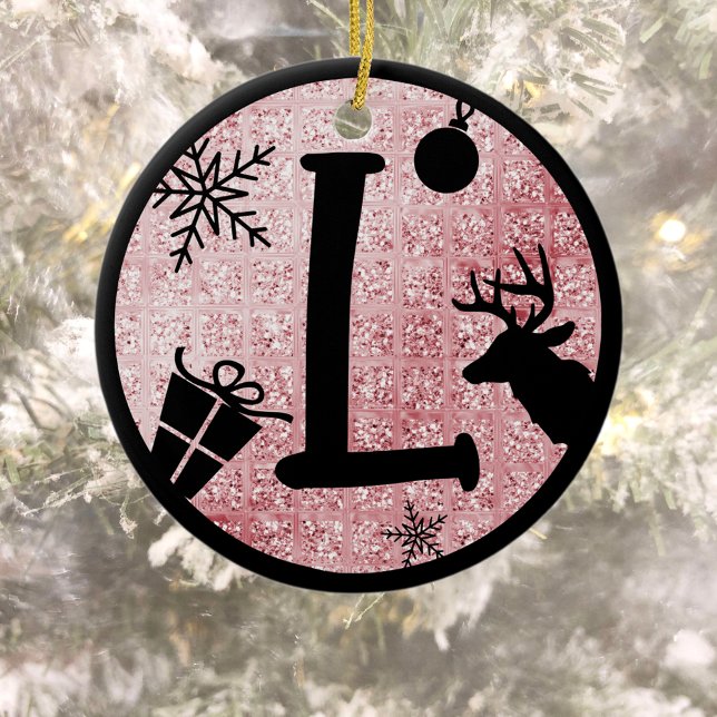 Christmas Monogram Letter L Black Pink Glitzer Keramik Ornament (Von Creator hochgeladen)