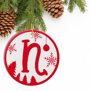 Christmas Monogram Letter N Red White Keramik Ornament