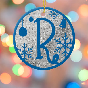 Christmas Monogram Letter R Blue Silver Glitzer Keramik Ornament