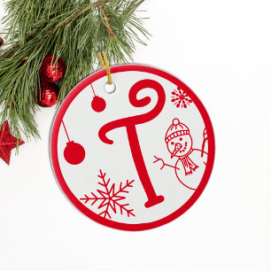 Christmas Monogram Letter T Red White Keramik Ornament