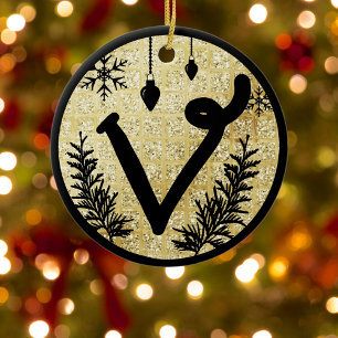 Christmas Monogram Letter V Black Gold Glitzer Keramik Ornament