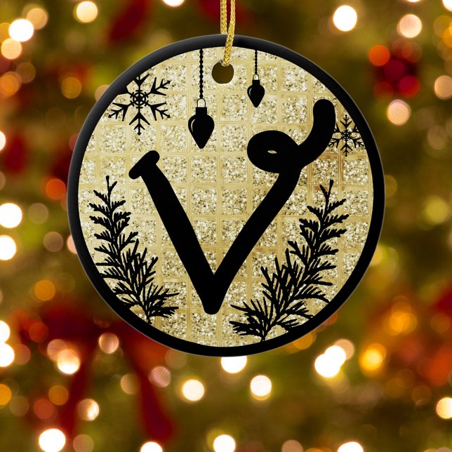 Christmas Monogram Letter V Black Gold Glitzer Keramik Ornament (Von Creator hochgeladen)