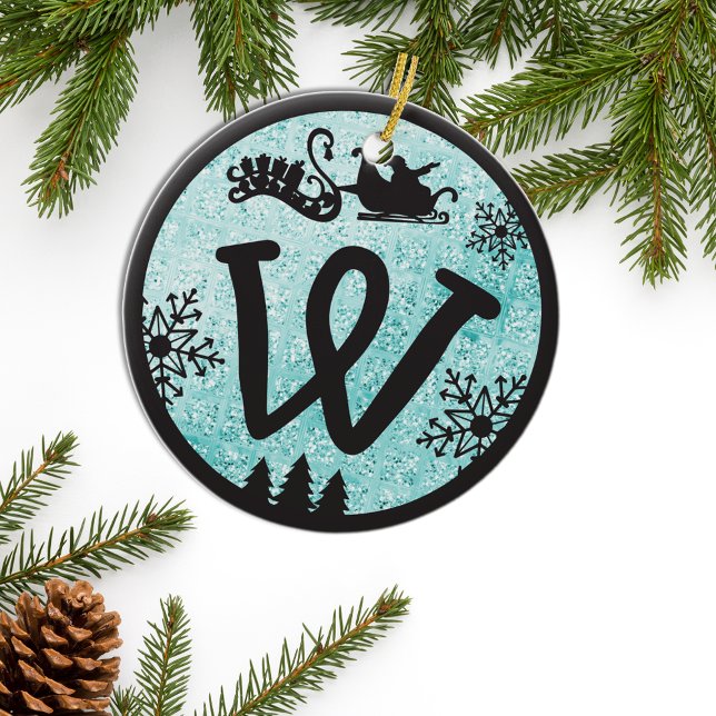 Christmas Monogram Letter W Black Blue Glitter Keramik Ornament (Von Creator hochgeladen)