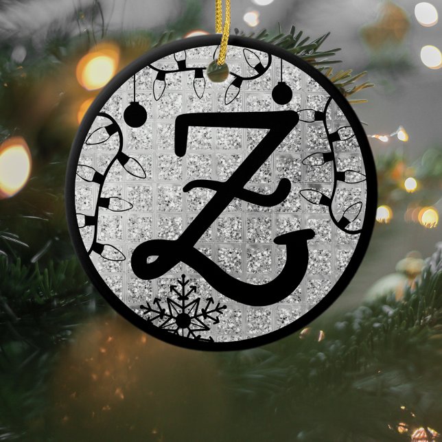Christmas Monogram Letter Z Black Silver Glitzer Keramik Ornament (Von Creator hochgeladen)