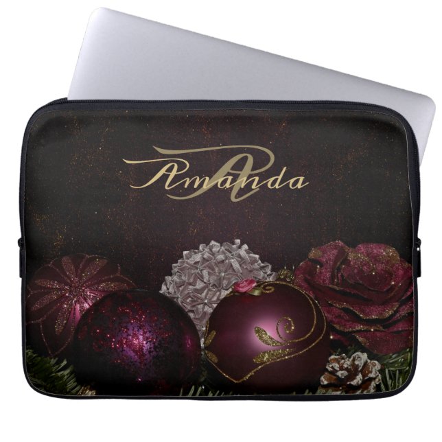 Christmas Monogram Pink Ornament Green Black Laptopschutzhülle (Vorderseite)