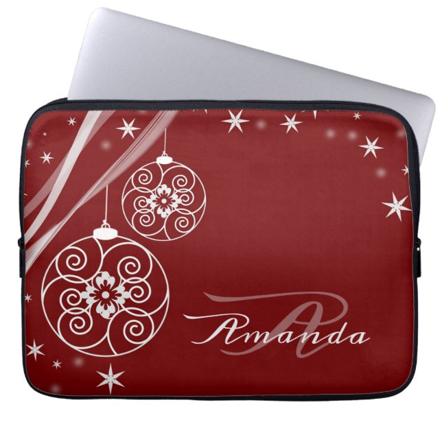 Christmas Monogram White Ornaments Red Elegant Laptopschutzhülle (Vorderseite)