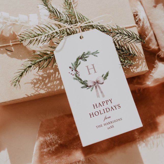 Christmas Monogram Wreath Blush Bow Geschenkanhänger (Von Creator hochgeladen)