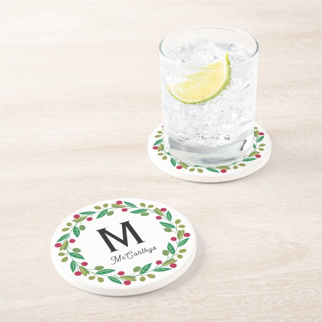 Christmas-Monogramm Sandstein Getränkeuntersetzer (Seite)
