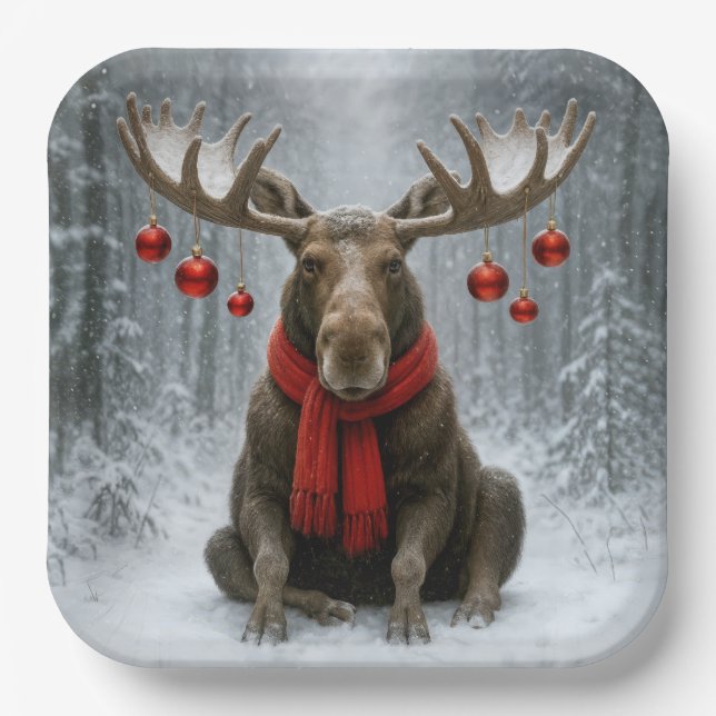 Christmas Moose In a Snowy Forest Pappteller (Vorderseite)