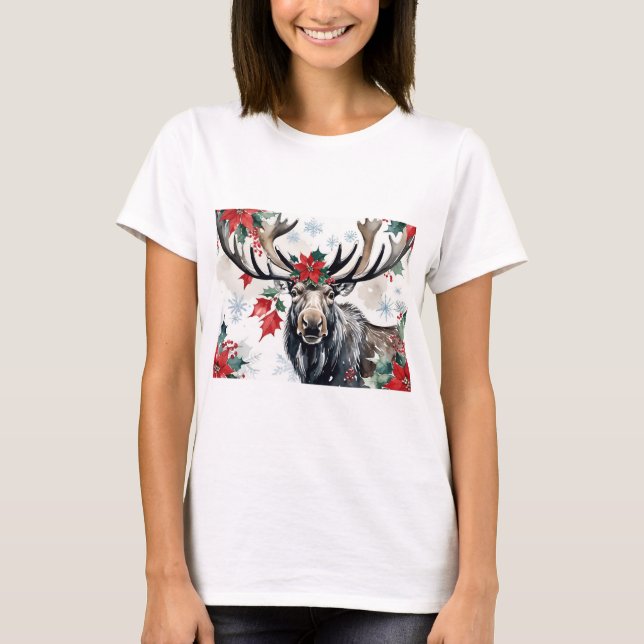 Christmas Moose With Big Antlers And Poinsettias T-Shirt (Vorderseite)