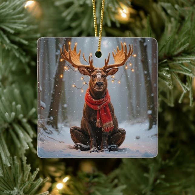 Christmas Moose With Holiday Lights Keramikornament (Baum)