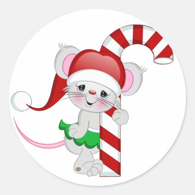 Christmas Mouse Candy Cane Runder Aufkleber (Vorderseite)