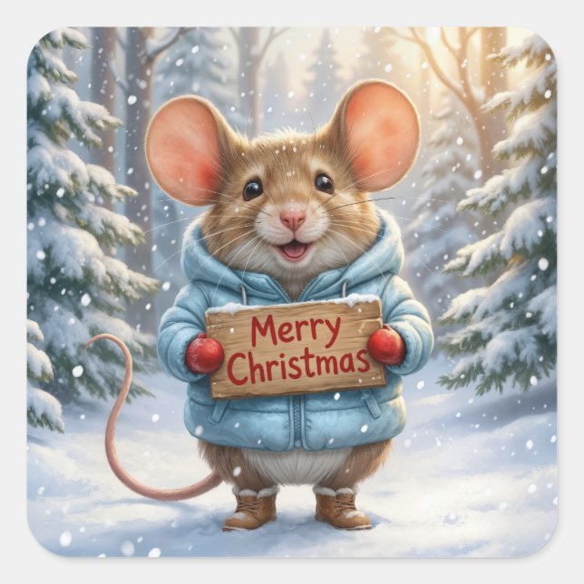 Christmas Mouse In Winter Forest Quadratischer Aufkleber (Vorderseite)