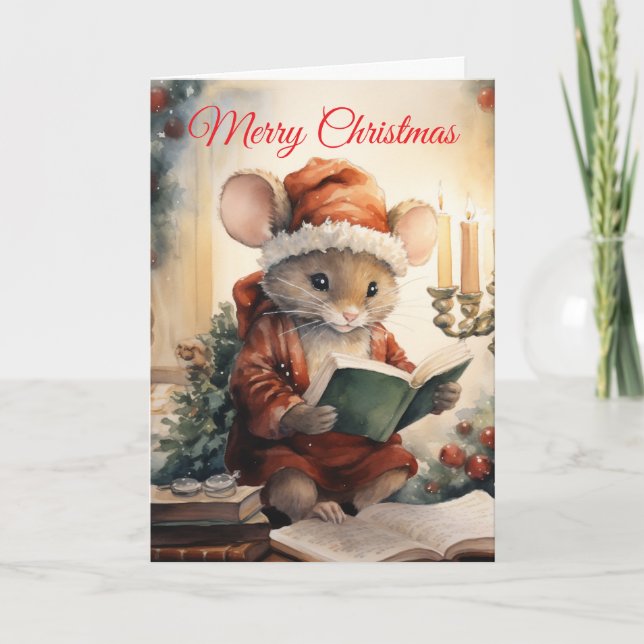 Christmas Mouse reading Feiertagskarte (Vorderseite)
