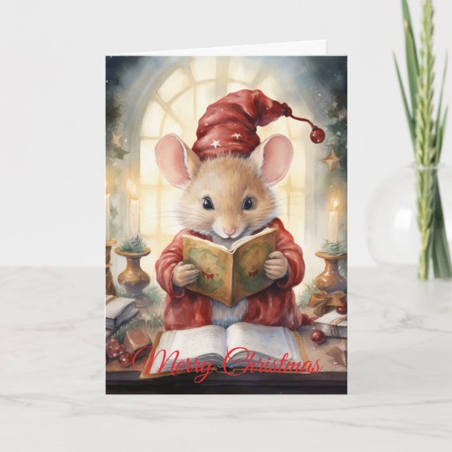 Christmas Mouse reading Feiertagskarte (Vorderseite)