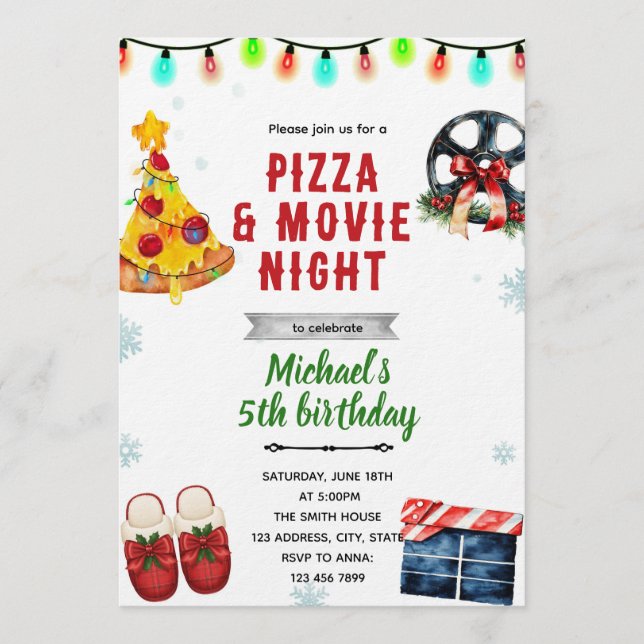 Christmas Movie Pizza and Pajama Party Invitation Einladung (Vorderseite)