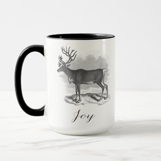 Christmas mug with antique deer etching says Joy Tasse (Links)