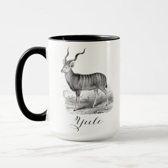 Christmas mug with antique deer etching says Yule. Tasse (Links)
