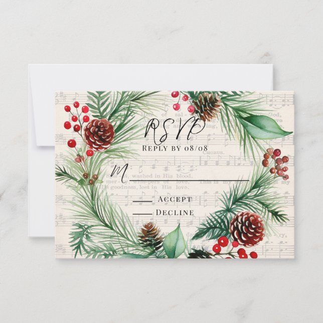 Christmas Music Red Berry Wreath Wedding RSVP Card Karte (Vorderseite)