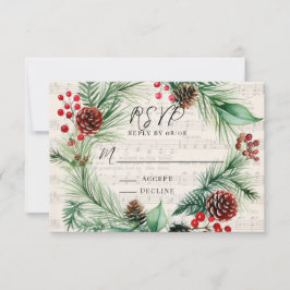 Christmas Music Red Berry Wreath Wedding RSVP Card Karte