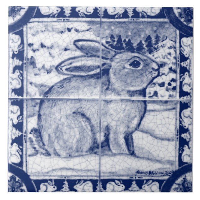 Christmas Navy Blue White Snow Bunny Dedham Delft Fliese (Vorderseite)