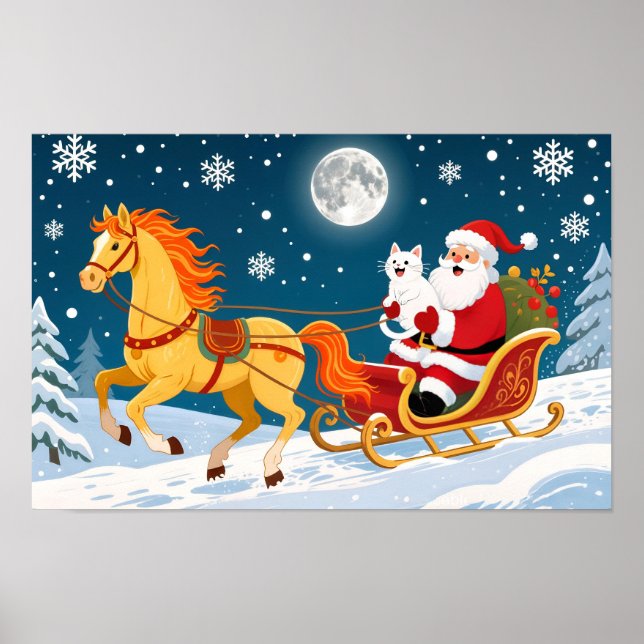 Christmas, New Year, Red Horse, Santa & White Cat Poster (Vorne)