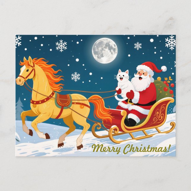Christmas, New Year, Red Horse, Santa & White Cat Postkarte (Vorderseite)
