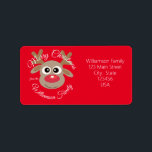 Christmas Niedlich Reindeer Cartoon Red Novelty Adressaufkleber<br><div class="desc">Mit diesem niedlichen Cartoon-Charakter-Rentier, der jedem ein fröhliches Weihnachtsaufkleber wünscht, macht er sich ein wenig Freude. Text kann geändert werden. Rentiercharakter mit roter, glänzender Nase auf rotem Hintergrund. Wenn Sie Hilfe benötigen, um es besser an Ihre Wünsche anzupassen, schicken Sie mir eine E-Mail und ich helfe Ihnen gerne. designsbykatz@gmail.com Happy...</div>