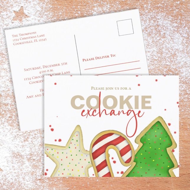 Christmas Niedlich Whimsical Sweet Cookie Exchange Postkarte (Christmas whimsical colorful cookie cutout postcard invitation with watercolor cute cookies. )