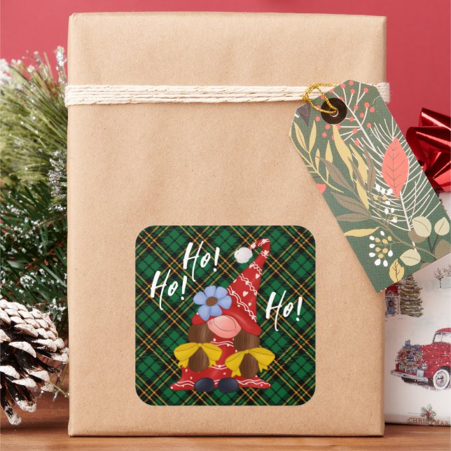 Christmas Nordic Girl Gnome Green Kariert Quadratischer Aufkleber (Feiertag)