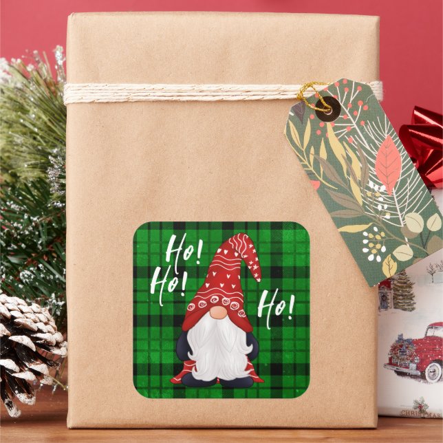 Christmas Nordic Gnome Green Kariert Quadratischer Aufkleber (Feiertag)