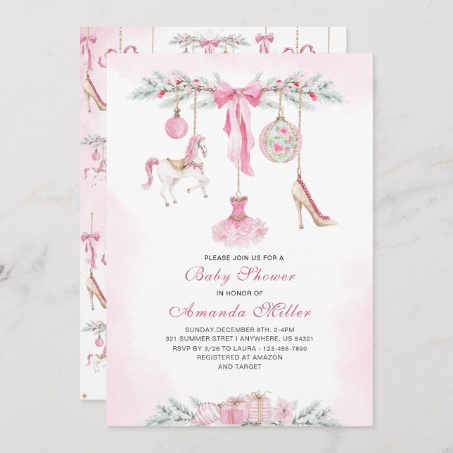 Christmas Nutcracker Ballet Pink watercolor baby s Einladung (Vorne/Hinten)