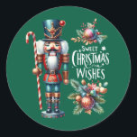 Christmas Nutcracker Candy Cane Weihnachtswünsche Runder Aufkleber<br><div class="desc">Ein bezaubernder Aufkleber mit einem festlichen Weihnachtsknusprigen,  einem Bonbons und Weihnachtswünschen ist perfekt,  um heiße Kakaosorten am Feuer zu schlürfen. Benutzerdefinierter grüner Hintergrund</div>