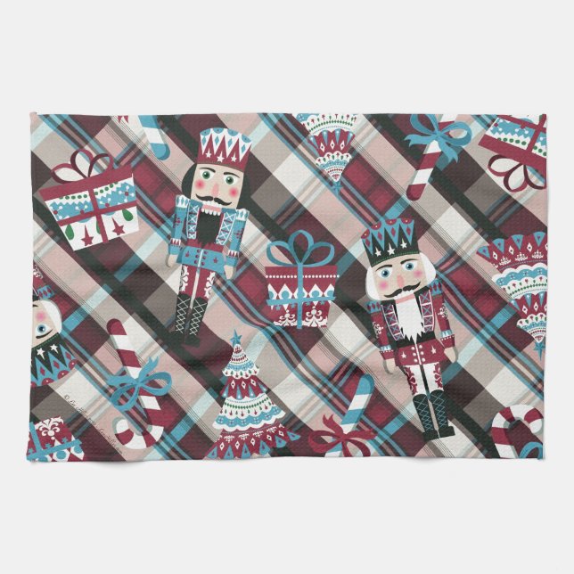 Christmas Nutcracker Kariert Blue Burgund Handtuch (Horizontal)